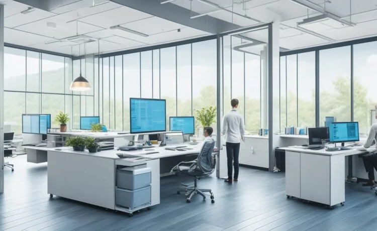 Ein strahlend helles, modernes Büro mit einem teamorientierten Entwickler, der konzentriert vor einem großen, transparenten Bildschirm arbeitet, auf dem dynamische Datenvisualisierungen und codeähnliche Strukturen schemenhaft reflektiert werden, während warmes Tageslicht durchs Fenster fällt und eine Atmosphäre von Innovation, Fortschritt und vernetzter, unsichtbar integrierter KI-Interaktion schafft.