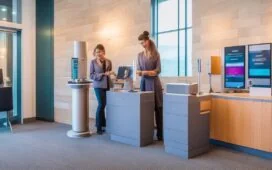 Ein einladender Hotel-Empfangsbereich bei Tageslicht, in dem eine freundliche Rezeptionistin mit einem gastfreundlichen Lächeln an einem modernen Self-Check-in-Terminal assistiert, während dezente Kameras und Sensoren im Hintergrund die Balance zwischen technologischer Überwachung und warmem, persönlichem Service widerspiegeln.