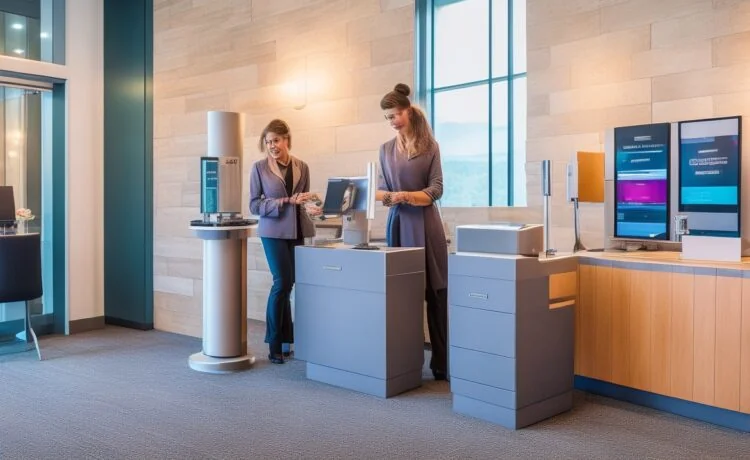 Ein einladender Hotel-Empfangsbereich bei Tageslicht, in dem eine freundliche Rezeptionistin mit einem gastfreundlichen Lächeln an einem modernen Self-Check-in-Terminal assistiert, während dezente Kameras und Sensoren im Hintergrund die Balance zwischen technologischer Überwachung und warmem, persönlichem Service widerspiegeln.