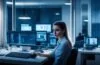 In einem hell erleuchteten, modernen Büro strahlt eine junge Frau freundlich in die Kamera, während im Hintergrund ein großer Bildschirm mit komplexen Daten und neuronalen Netzwerken dezent unscharf zu sehen ist – ein einladendes Sinnbild für die menschliche Verantwortung im Zeitalter subtiler KI-Einflüsse.