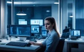 In einem hell erleuchteten, modernen Büro strahlt eine junge Frau freundlich in die Kamera, während im Hintergrund ein großer Bildschirm mit komplexen Daten und neuronalen Netzwerken dezent unscharf zu sehen ist – ein einladendes Sinnbild für die menschliche Verantwortung im Zeitalter subtiler KI-Einflüsse.