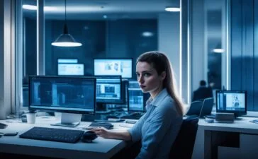 In einem hell erleuchteten, modernen Büro strahlt eine junge Frau freundlich in die Kamera, während im Hintergrund ein großer Bildschirm mit komplexen Daten und neuronalen Netzwerken dezent unscharf zu sehen ist – ein einladendes Sinnbild für die menschliche Verantwortung im Zeitalter subtiler KI-Einflüsse.
