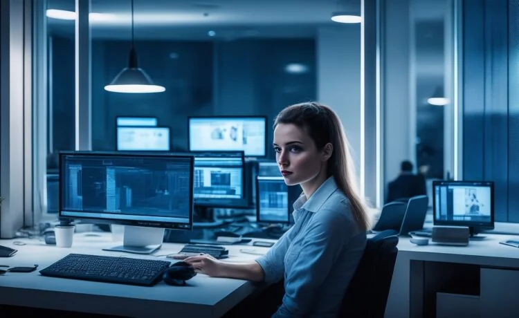 In einem hell erleuchteten, modernen Büro strahlt eine junge Frau freundlich in die Kamera, während im Hintergrund ein großer Bildschirm mit komplexen Daten und neuronalen Netzwerken dezent unscharf zu sehen ist – ein einladendes Sinnbild für die menschliche Verantwortung im Zeitalter subtiler KI-Einflüsse.