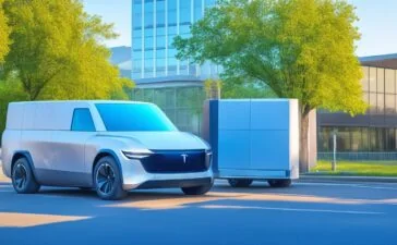 Ein strahlend sonnendurchfluteter europäischer Stadthintergrund, vor dem ein moderner, vollelektrischer US-Pickup mit markanter, futuristischer Linienführung wie der Tesla Cybertruck freundlich und kraftvoll in Szene gesetzt ist, während Passanten neugierig und entspannt vorbeigehen – ein lebendiges Bild von Innovation, Wandel und urbaner Mobilität im Aufbruch.