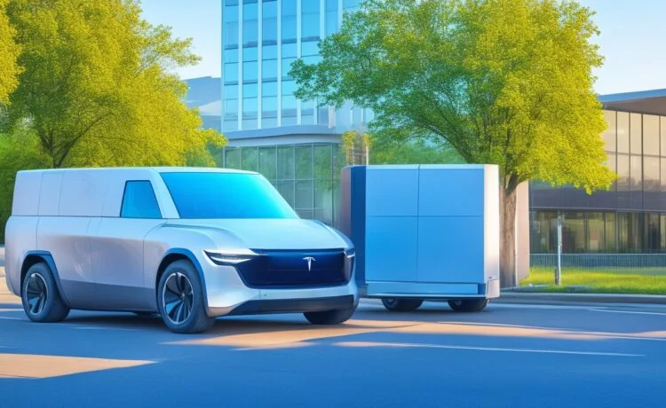 Ein strahlend sonnendurchfluteter europäischer Stadthintergrund, vor dem ein moderner, vollelektrischer US-Pickup mit markanter, futuristischer Linienführung wie der Tesla Cybertruck freundlich und kraftvoll in Szene gesetzt ist, während Passanten neugierig und entspannt vorbeigehen – ein lebendiges Bild von Innovation, Wandel und urbaner Mobilität im Aufbruch.