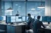 Strahlend beleuchtetes Büro mit modernster Videobearbeitungstechnologie, in dem eine lächelnde Person konzentriert vor zwei Bildschirmen sitzt, auf denen komplexe KI-gestützte Videoanalysen und lebendige Szenen abgebildet sind – ein atmosphärischer Moment voller Wärme und Innovationsgeist.