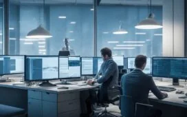Strahlend beleuchtetes Büro mit modernster Videobearbeitungstechnologie, in dem eine lächelnde Person konzentriert vor zwei Bildschirmen sitzt, auf denen komplexe KI-gestützte Videoanalysen und lebendige Szenen abgebildet sind – ein atmosphärischer Moment voller Wärme und Innovationsgeist.
