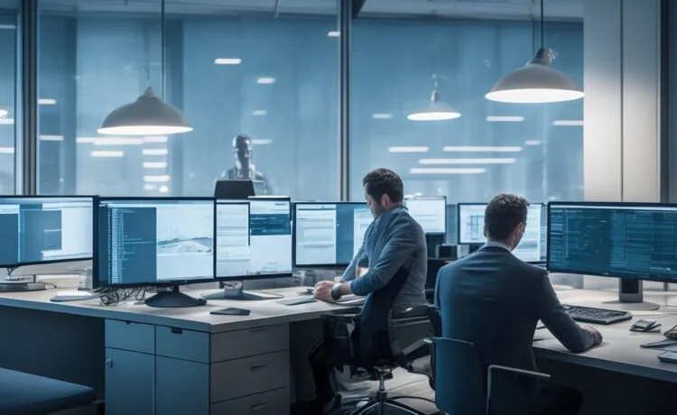 Strahlend beleuchtetes Büro mit modernster Videobearbeitungstechnologie, in dem eine lächelnde Person konzentriert vor zwei Bildschirmen sitzt, auf denen komplexe KI-gestützte Videoanalysen und lebendige Szenen abgebildet sind – ein atmosphärischer Moment voller Wärme und Innovationsgeist.