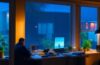 In einem hell erleuchteten, modernen Büroraum arbeitet eine engagierte Mitarbeiterin der Verbraucherzentrale konzentriert am Laptop, während Sonnenlicht freundlich durch große Fenster fällt und eine warme Atmosphäre des Vertrauens und der Zuversicht schafft.