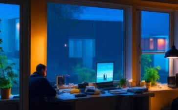 In einem hell erleuchteten, modernen Büroraum arbeitet eine engagierte Mitarbeiterin der Verbraucherzentrale konzentriert am Laptop, während Sonnenlicht freundlich durch große Fenster fällt und eine warme Atmosphäre des Vertrauens und der Zuversicht schafft.