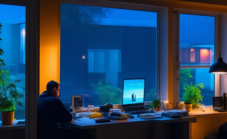 In einem hell erleuchteten, modernen Büroraum arbeitet eine engagierte Mitarbeiterin der Verbraucherzentrale konzentriert am Laptop, während Sonnenlicht freundlich durch große Fenster fällt und eine warme Atmosphäre des Vertrauens und der Zuversicht schafft.