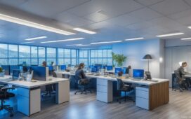 Ein hell erleuchtetes, modernes Büro mit freundlichen IT-Profis, die konzentriert an Laptops arbeiten, umgeben von natürlichem Tageslicht und warmen Holzakzenten, das harmonisch technische Innovation und kollaborative Teamarbeit beim Umgang mit Webserver-Technologien wie NGINX und ACME symbolisiert.