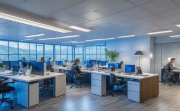 Ein hell erleuchtetes, modernes Büro mit freundlichen IT-Profis, die konzentriert an Laptops arbeiten, umgeben von natürlichem Tageslicht und warmen Holzakzenten, das harmonisch technische Innovation und kollaborative Teamarbeit beim Umgang mit Webserver-Technologien wie NGINX und ACME symbolisiert.