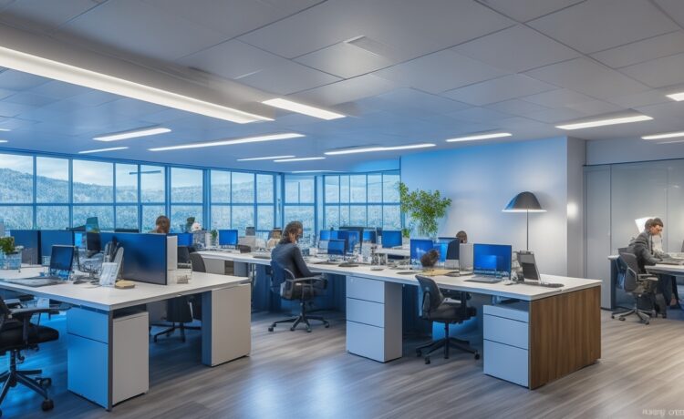 Ein hell erleuchtetes, modernes Büro mit freundlichen IT-Profis, die konzentriert an Laptops arbeiten, umgeben von natürlichem Tageslicht und warmen Holzakzenten, das harmonisch technische Innovation und kollaborative Teamarbeit beim Umgang mit Webserver-Technologien wie NGINX und ACME symbolisiert.