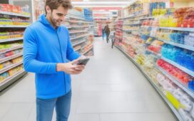 In einem sonnendurchfluteten, modernen Supermarkt zeigt eine freundliche junge Kundin mit Smartphone in der Hand entspannt den digitalen Zwei-Faktor-Authentifizierungs-Code auf dem Display, während freundliches Personal im Hintergrund mit natürlichem Tageslicht die Szene warm und einladend beleuchtet.