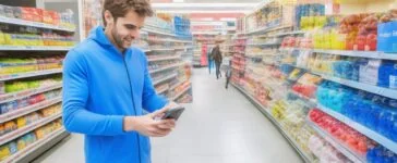 In einem sonnendurchfluteten, modernen Supermarkt zeigt eine freundliche junge Kundin mit Smartphone in der Hand entspannt den digitalen Zwei-Faktor-Authentifizierungs-Code auf dem Display, während freundliches Personal im Hintergrund mit natürlichem Tageslicht die Szene warm und einladend beleuchtet.