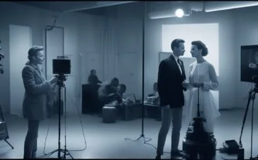 Ein hell erleuchtetes, modernes Studio mit einer stilvoll inszenierten jungen Frau, die selbstbewusst in die Kamera lächelt – ihr Aussehen wirkt zeitgemäß und leicht futuristisch, während warmes Tageslicht ihre Gesichtszüge sanft betont und eine freundliche, einladende Atmosphäre schafft, die Innovation und digitale Nähe verkörpert.