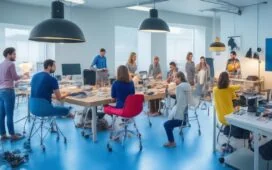 Ein modernes Kreativstudio bei Tageslicht, in dem eine diverse Gruppe engagierter Menschen um einen großen Tisch versammelt ist, lebhaft mit digitalen Fotos und Filmen auf hellen Bildschirmen arbeitet, während warme Sonnenstrahlen durch große Fenster fallen und eine inspirierende Atmosphäre voller Innovation und kollaborativer Schaffenskraft schaffen.