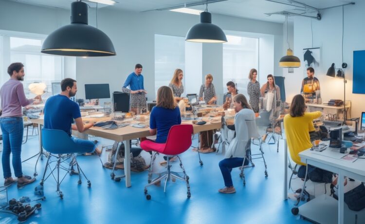 Ein modernes Kreativstudio bei Tageslicht, in dem eine diverse Gruppe engagierter Menschen um einen großen Tisch versammelt ist, lebhaft mit digitalen Fotos und Filmen auf hellen Bildschirmen arbeitet, während warme Sonnenstrahlen durch große Fenster fallen und eine inspirierende Atmosphäre voller Innovation und kollaborativer Schaffenskraft schaffen.