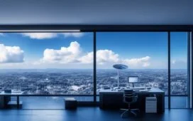 In einem modernen, hell erleuchteten Büro vermittelt ein konzentrierter IT-Reseller anhand von Laptop und Tablet optimistisch den Wandel im Cloud-Markt, während warme Sonnenstrahlen durch große Fenster fallen und eine Atmosphäre von Zuversicht und Veränderung schaffen.