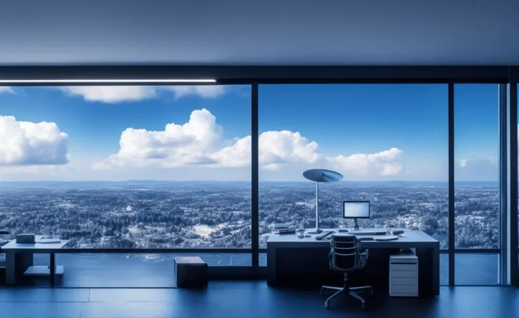 In einem modernen, hell erleuchteten Büro vermittelt ein konzentrierter IT-Reseller anhand von Laptop und Tablet optimistisch den Wandel im Cloud-Markt, während warme Sonnenstrahlen durch große Fenster fallen und eine Atmosphäre von Zuversicht und Veränderung schaffen.