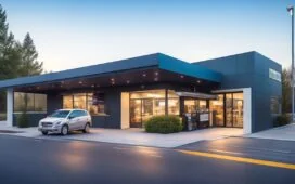Ein sonnendurchfluteter Drive-Through-Schalter vor Taco Bell, an dem ein freundlicher Mitarbeiter mit lächelndem Blick einem wartenden Kunden im Auto erklärt, während moderne, unauffällige Technik im Hintergrund integriert ist und warme, natürliche Farben eine einladende Atmosphäre schaffen.