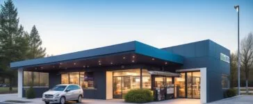 Ein sonnendurchfluteter Drive-Through-Schalter vor Taco Bell, an dem ein freundlicher Mitarbeiter mit lächelndem Blick einem wartenden Kunden im Auto erklärt, während moderne, unauffällige Technik im Hintergrund integriert ist und warme, natürliche Farben eine einladende Atmosphäre schaffen.