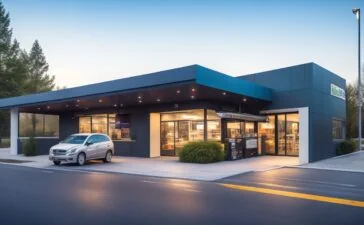 Ein sonnendurchfluteter Drive-Through-Schalter vor Taco Bell, an dem ein freundlicher Mitarbeiter mit lächelndem Blick einem wartenden Kunden im Auto erklärt, während moderne, unauffällige Technik im Hintergrund integriert ist und warme, natürliche Farben eine einladende Atmosphäre schaffen.