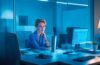 In einem hell erleuchteten, modernen Büro sitzt eine aufmerksame Frau am Telefon, ihr Gesicht von warmem Tageslicht sanft umspielt, während um sie herum dezente technische Details einer offenen Arbeitsumgebung eine Atmosphäre von Vertrauen und Wachsamkeit schaffen.