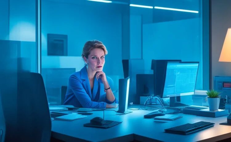 In einem hell erleuchteten, modernen Büro sitzt eine aufmerksame Frau am Telefon, ihr Gesicht von warmem Tageslicht sanft umspielt, während um sie herum dezente technische Details einer offenen Arbeitsumgebung eine Atmosphäre von Vertrauen und Wachsamkeit schaffen.