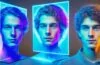 Ein lebendiges, natürlich beleuchtetes Porträt eines jungen Menschen, der mit einem digitalen Hologramm-Avatar interagiert, in einem warmen, modernen Innenraum voller sanfter Sonnenstrahlen und freundlicher Farben, das die harmonische Verbindung zwischen Mensch und virtueller Persönlichkeit im sozialen Netzwerk auf eindrucksvolle, zeitgemäße Weise einfängt.