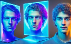 Ein lebendiges, natürlich beleuchtetes Porträt eines jungen Menschen, der mit einem digitalen Hologramm-Avatar interagiert, in einem warmen, modernen Innenraum voller sanfter Sonnenstrahlen und freundlicher Farben, das die harmonische Verbindung zwischen Mensch und virtueller Persönlichkeit im sozialen Netzwerk auf eindrucksvolle, zeitgemäße Weise einfängt.