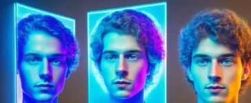 Ein lebendiges, natürlich beleuchtetes Porträt eines jungen Menschen, der mit einem digitalen Hologramm-Avatar interagiert, in einem warmen, modernen Innenraum voller sanfter Sonnenstrahlen und freundlicher Farben, das die harmonische Verbindung zwischen Mensch und virtueller Persönlichkeit im sozialen Netzwerk auf eindrucksvolle, zeitgemäße Weise einfängt.