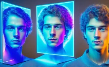 Ein lebendiges, natürlich beleuchtetes Porträt eines jungen Menschen, der mit einem digitalen Hologramm-Avatar interagiert, in einem warmen, modernen Innenraum voller sanfter Sonnenstrahlen und freundlicher Farben, das die harmonische Verbindung zwischen Mensch und virtueller Persönlichkeit im sozialen Netzwerk auf eindrucksvolle, zeitgemäße Weise einfängt.