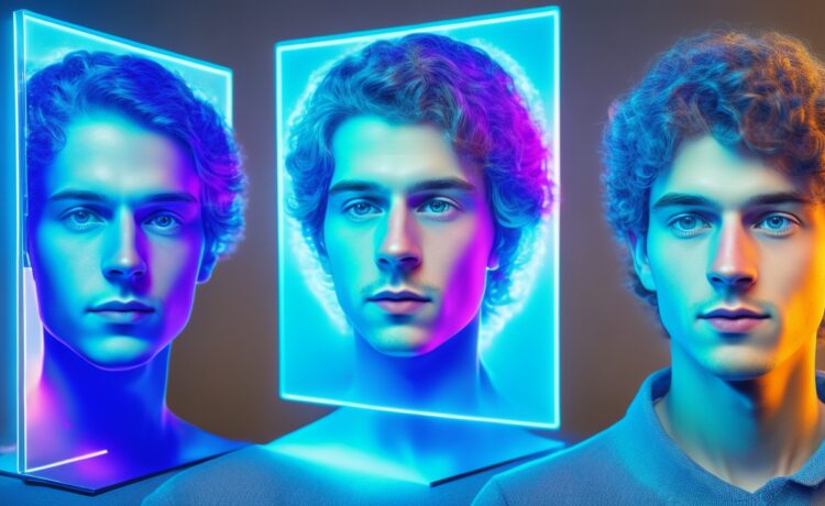 Ein lebendiges, natürlich beleuchtetes Porträt eines jungen Menschen, der mit einem digitalen Hologramm-Avatar interagiert, in einem warmen, modernen Innenraum voller sanfter Sonnenstrahlen und freundlicher Farben, das die harmonische Verbindung zwischen Mensch und virtueller Persönlichkeit im sozialen Netzwerk auf eindrucksvolle, zeitgemäße Weise einfängt.