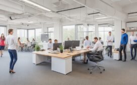 Ein lebendiges, sonnendurchflutetes Büro mit jungen, engagierten Entwicklerteams in lebhafter Zusammenarbeit über Laptops und Skizzen, umgeben von moderner Technik und kreativen Whiteboards, die eine inspirierende Atmosphäre digitaler Innovation und gemeinsamer Ideenentwicklung ausstrahlt.