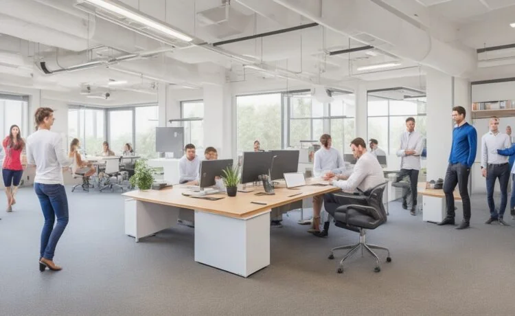 Ein lebendiges, sonnendurchflutetes Büro mit jungen, engagierten Entwicklerteams in lebhafter Zusammenarbeit über Laptops und Skizzen, umgeben von moderner Technik und kreativen Whiteboards, die eine inspirierende Atmosphäre digitaler Innovation und gemeinsamer Ideenentwicklung ausstrahlt.