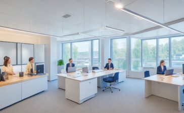Ein lichtdurchflutetes, modernes Büro mit warmem Holzakzent, in dem ein Team engagiert an nachhaltiger Technologie arbeitet – natürliche Materialien, lebendige Gesichter und helle Fenster vermitteln Fortschritt und verantwortungsbewusste Innovation.