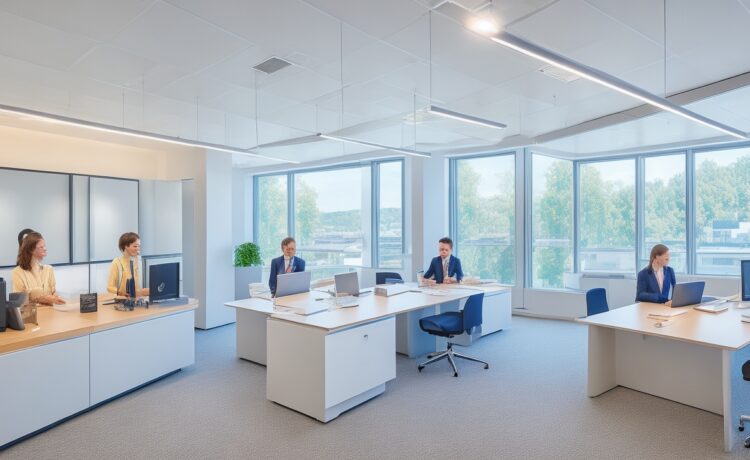 Ein lichtdurchflutetes, modernes Büro mit warmem Holzakzent, in dem ein Team engagiert an nachhaltiger Technologie arbeitet – natürliche Materialien, lebendige Gesichter und helle Fenster vermitteln Fortschritt und verantwortungsbewusste Innovation.