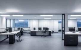 Ein hell erleuchtetes, modernes Büro mit einem fokussierten UX-Designer, der vor einem großen Bildschirm intuitiv strukturierte Benutzeroberflächen betrachtet, umgeben von warmem Tageslicht und lebendiger, einladender Atmosphäre, die Kreativität und positive Interaktion vermittelt.