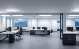 Ein hell erleuchtetes, modernes Büro mit einem fokussierten UX-Designer, der vor einem großen Bildschirm intuitiv strukturierte Benutzeroberflächen betrachtet, umgeben von warmem Tageslicht und lebendiger, einladender Atmosphäre, die Kreativität und positive Interaktion vermittelt.
