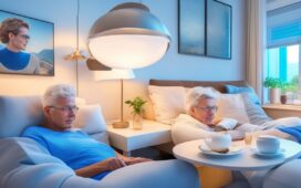 In einem sonnendurchfluteten, modernen Wohnzimmer lächelt eine junge Frau mit sehbehinderter Mimik und trägt selbstbewusst die schlanke, futuristische Envision-Brille, während sie entspannt mit einem Tablet oder Smartphone interagiert – die warme Tageslichtstimmung und natürliche Details unterstreichen die menschliche Nähe und technologische Hoffnung dieser smarten Assistenz im Alltag.