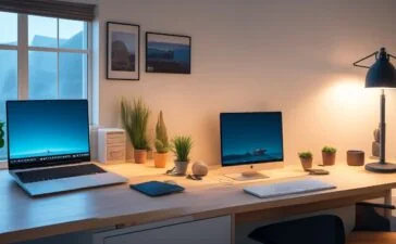 Ein warm beleuchtetes Homeoffice mit einem modernen Laptop, auf dessen Bildschirm sich lebhafte Design-Softwareszenen abzeichnen, umgeben von Skizzen, Notizen und einem entspannten Designer, der im morgendlichen Sonnenlicht konzentriert und zufrieden an kreativen Ideen arbeitet.