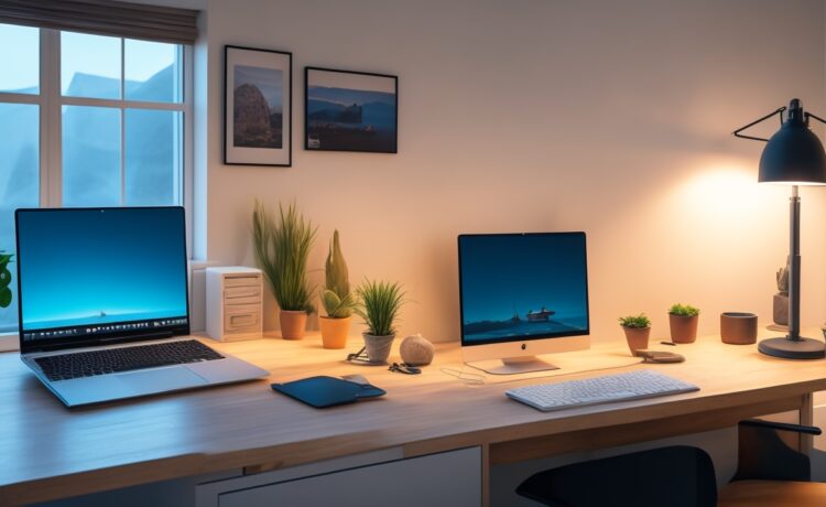 Ein warm beleuchtetes Homeoffice mit einem modernen Laptop, auf dessen Bildschirm sich lebhafte Design-Softwareszenen abzeichnen, umgeben von Skizzen, Notizen und einem entspannten Designer, der im morgendlichen Sonnenlicht konzentriert und zufrieden an kreativen Ideen arbeitet.