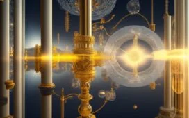 Ein sonnendurchflutetes, modernes Labor mit Physikern in angeregtem Austausch vor komplexen Datenvisualisierungen auf Bildschirmen, deren warme Farbtöne und natürliches Licht eine Atmosphäre von Neugier, Fortschritt und inspirierender Zusammenarbeit ausstrahlen.
