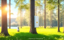 Eine helle, einladende Aufnahme eines modernen Rechenzentrums, das von sanft einfallendem Tageslicht durchflutet wird, während im Vordergrund elegante Lithium-Ionen-Batteriespeicher und Solarpaneele harmonisch eine nachhaltige Energiezukunft symbolisieren, eingefangen in einem warmen, freundlichen Ton mit realistischen Details und cineastischer Klarheit.