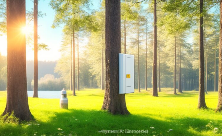 Eine helle, einladende Aufnahme eines modernen Rechenzentrums, das von sanft einfallendem Tageslicht durchflutet wird, während im Vordergrund elegante Lithium-Ionen-Batteriespeicher und Solarpaneele harmonisch eine nachhaltige Energiezukunft symbolisieren, eingefangen in einem warmen, freundlichen Ton mit realistischen Details und cineastischer Klarheit.