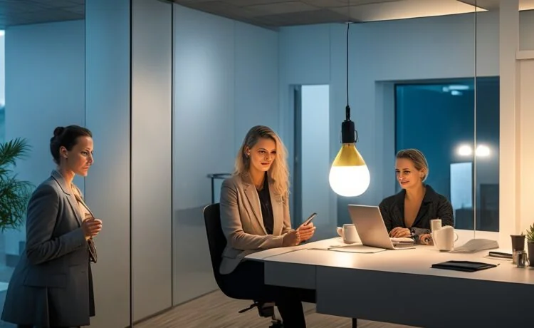 Eine hell erleuchtete, freundliche Wohnzimmer- oder Büro-Szene zeigt eine nachdenkliche Frau mittleren Alters am Mobiltelefon, deren Gesicht von warmem Tageslicht sanft umspielt wird, während sie vorsichtig und aufmerksam zuhört – ein einfühlsames Bild, das die unterschwellige Gefahr hinter scheinbar harmlosen Telefonaten subtil reflektiert.