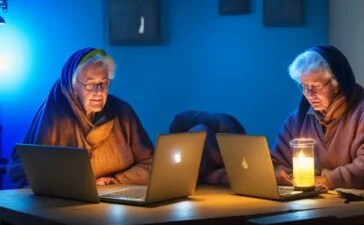 Eine hell beleuchtete, freundliche Büroszene mit einer konzentrierten Frau mittleren Alters, die am Laptop sitzt und aufmerksam eine E-Mail prüft, umgeben von natürlichen Lichtquellen und authentischen Details, die Spannung und zugleich eine warme Vorsicht widerspiegeln.