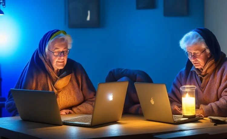 Eine hell beleuchtete, freundliche Büroszene mit einer konzentrierten Frau mittleren Alters, die am Laptop sitzt und aufmerksam eine E-Mail prüft, umgeben von natürlichen Lichtquellen und authentischen Details, die Spannung und zugleich eine warme Vorsicht widerspiegeln.